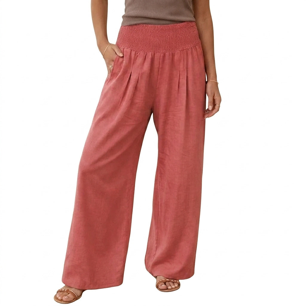 Damskie spodnie z szerokimi nogawkami i marszczonym pasem-Pants for Women-Olave