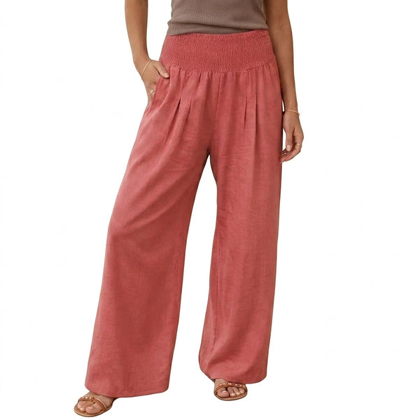 Damskie spodnie z szerokimi nogawkami i marszczonym pasem-Pants for Women-Olave