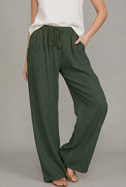 Damskie spodnie z szerokimi nogawkami i sznurkiem-Pants for Women-Olave
