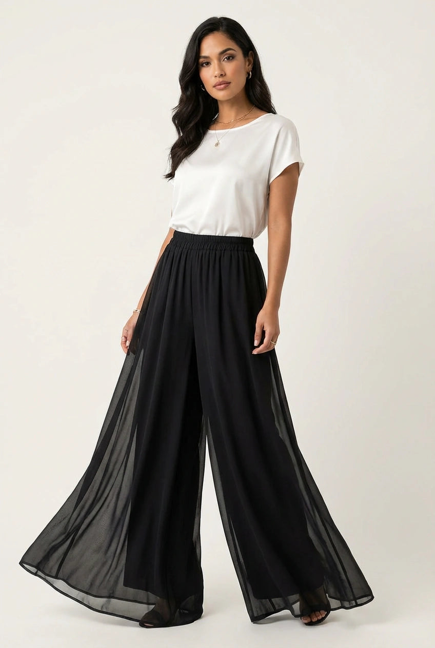 Damskie spodnie z szerokimi nogawkami i szyfonową nakładką-Pants for Women-Olave