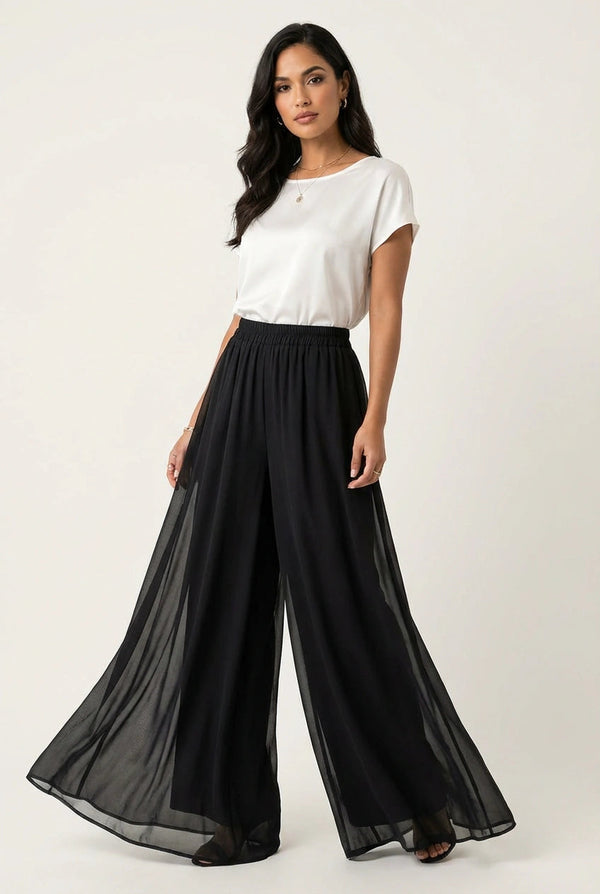 Damskie spodnie z szerokimi nogawkami i szyfonową nakładką-Pants for Women-Olave