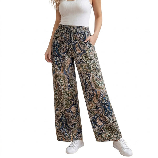 Damskie spodnie z szerokimi nogawkami i wzorem paisley-Pants for Women-Olave