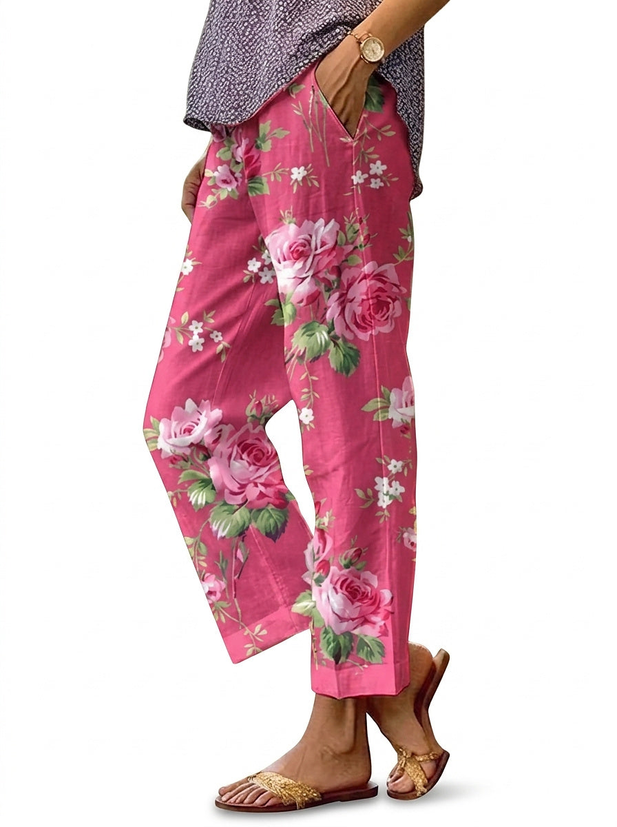 Damskie spodnie z szerokimi nogawkami w kwiatowy wzór-Pants for Women-Olave
