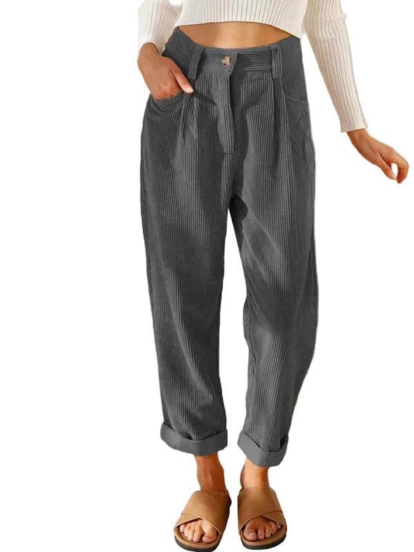 Damskie spodnie z sztruksu z wysokim stanem-Pants for Women-Olave