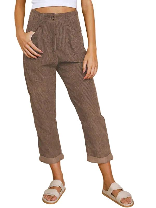 Damskie spodnie z sztruksu z wysokim stanem-Pants for Women-Olave