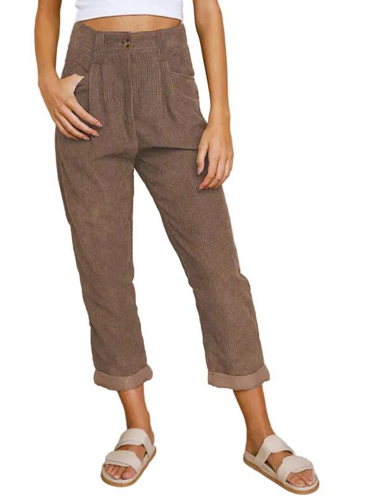 Damskie spodnie z sztruksu z wysokim stanem-Pants for Women-Olave