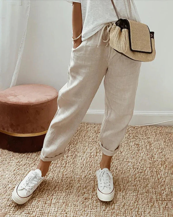 Damskie Spodnie z Wiązaniem w Pasie i Zwężaną Nogawką-Pants for Women-Olave