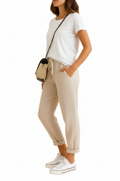 Damskie Spodnie z Wiązaniem w Pasie i Zwężaną Nogawką-Pants for Women-Olave