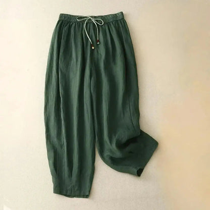 Damskie spodnie z wysokim stanem, prostą nogawką, sznurkiem i kieszeniami bocznymi-Pants for Women-Olave
