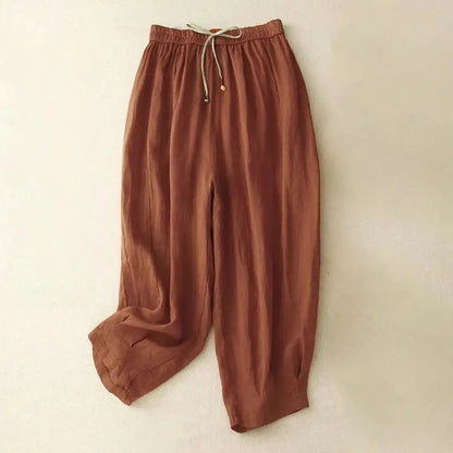 Damskie spodnie z wysokim stanem, prostą nogawką, sznurkiem i kieszeniami bocznymi-Pants for Women-Olave