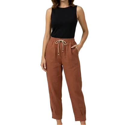 Damskie spodnie z wysokim stanem, prostą nogawką, sznurkiem i kieszeniami bocznymi-Pants for Women-Olave