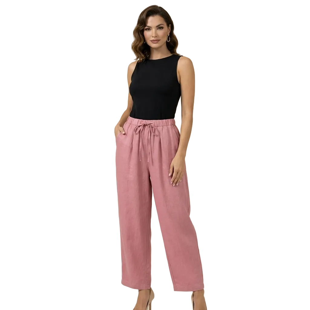 Damskie spodnie z wysokim stanem, szeroką nogawką, sznurkiem i kieszeniami bocznymi-Pants for Women-Olave
