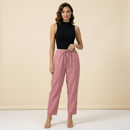 Damskie spodnie z wysokim stanem, szeroką nogawką, sznurkiem i kieszeniami bocznymi-Pants for Women-Olave