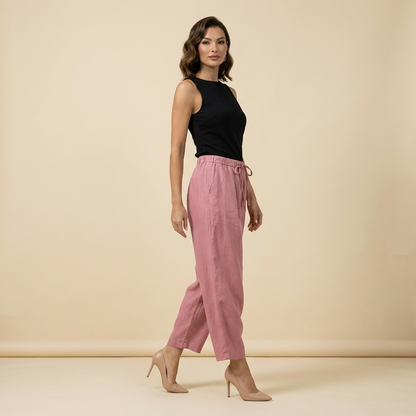 Damskie spodnie z wysokim stanem, szeroką nogawką, sznurkiem i kieszeniami bocznymi-Pants for Women-Olave