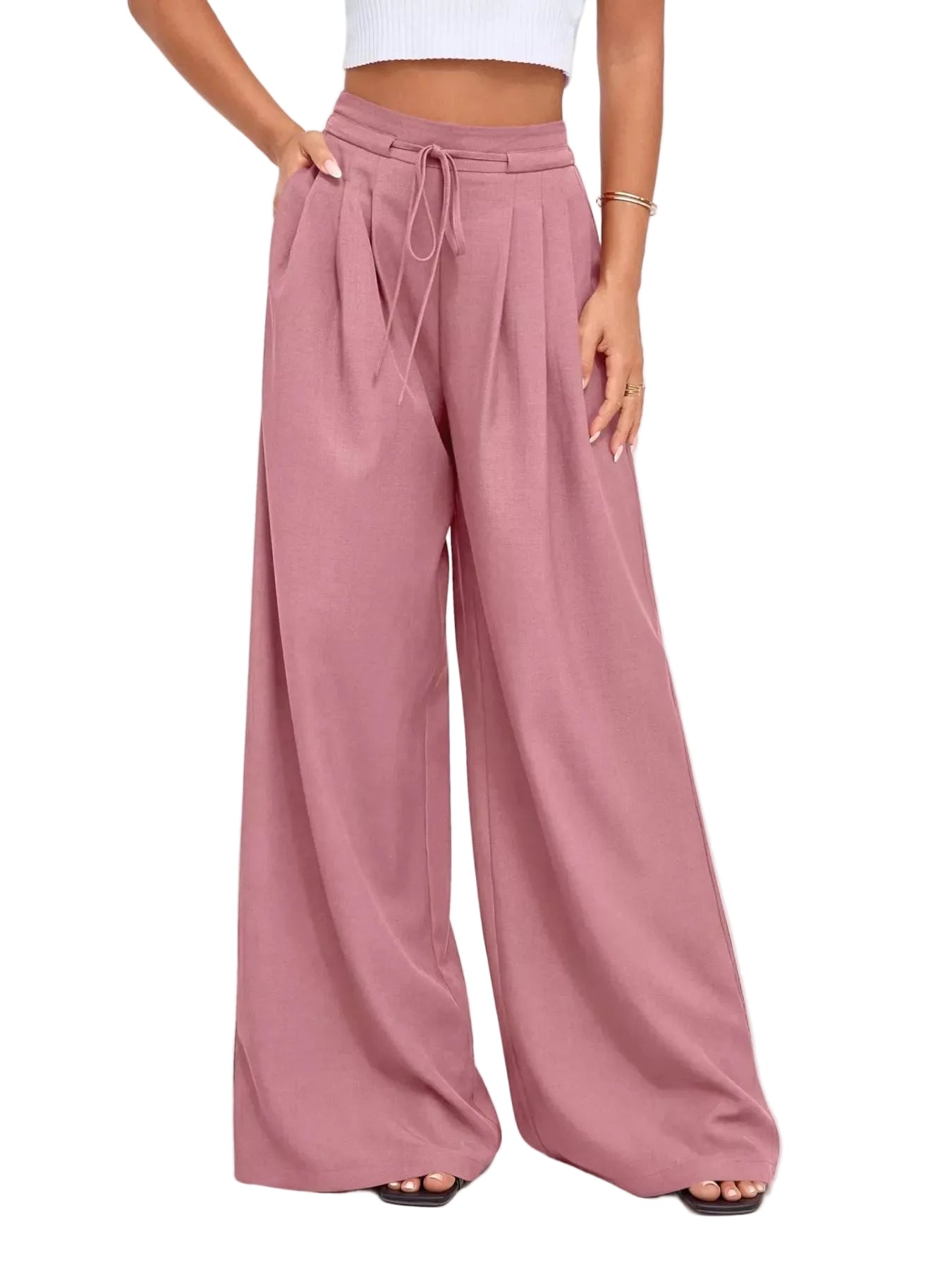 Damskie spodnie z wysokim stanem, szerokimi nogawkami i plisami-Pants for Women-Olave