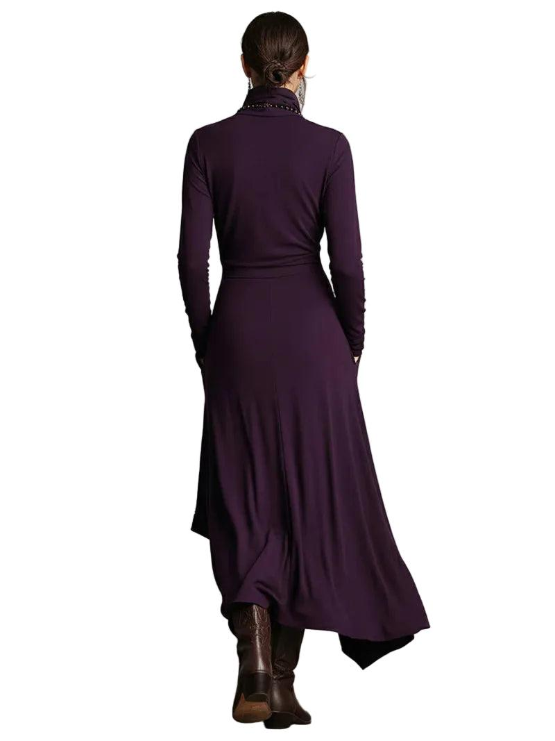 Damskie Sukienka maxi z wysokim kołnierzem, asymetrycznym dołem i długimi rękawami-Maxi Dress-Olave