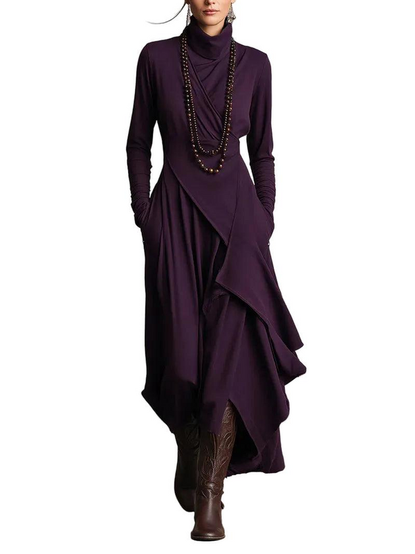 Damskie Sukienka maxi z wysokim kołnierzem, asymetrycznym dołem i długimi rękawami-Maxi Dress-Olave