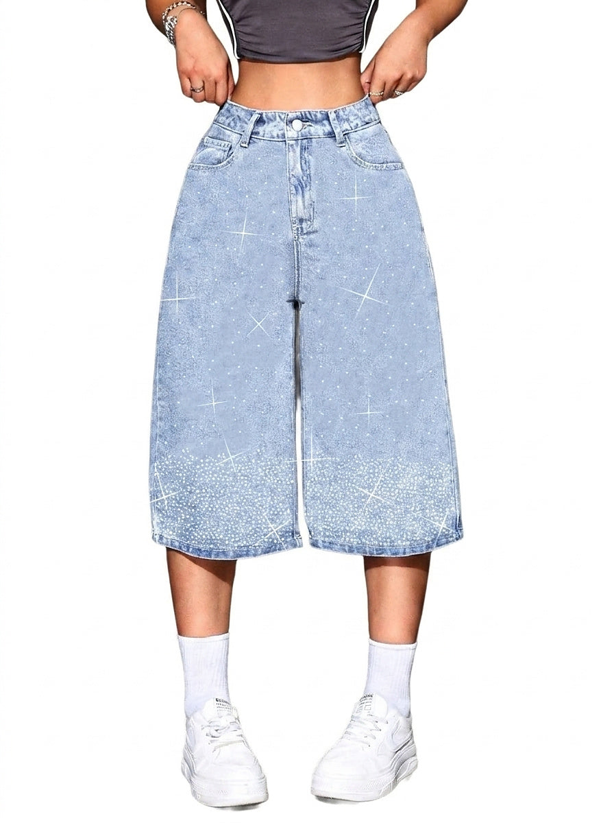 Damskie szorty bermudy z wysokim stanem i cyrkoniami-Shorts for women-Olave