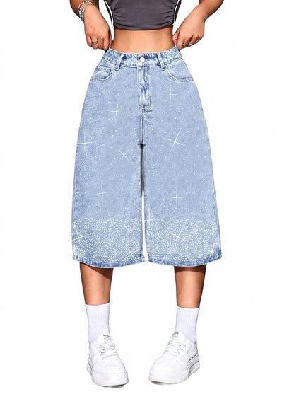 Damskie szorty bermudy z wysokim stanem i cyrkoniami-Shorts for women-Olave