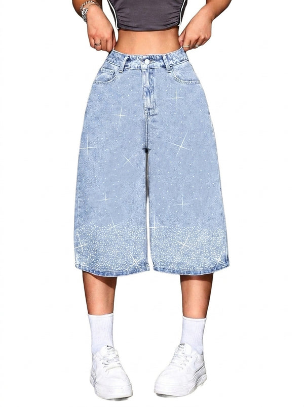 Damskie szorty bermudy z wysokim stanem i cyrkoniami-Shorts for women-Olave