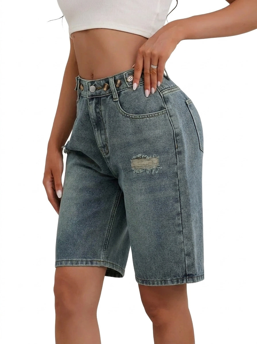 Damskie szorty jeansowe typu bermudy z wysokim stanem-Shorts for women-Olave