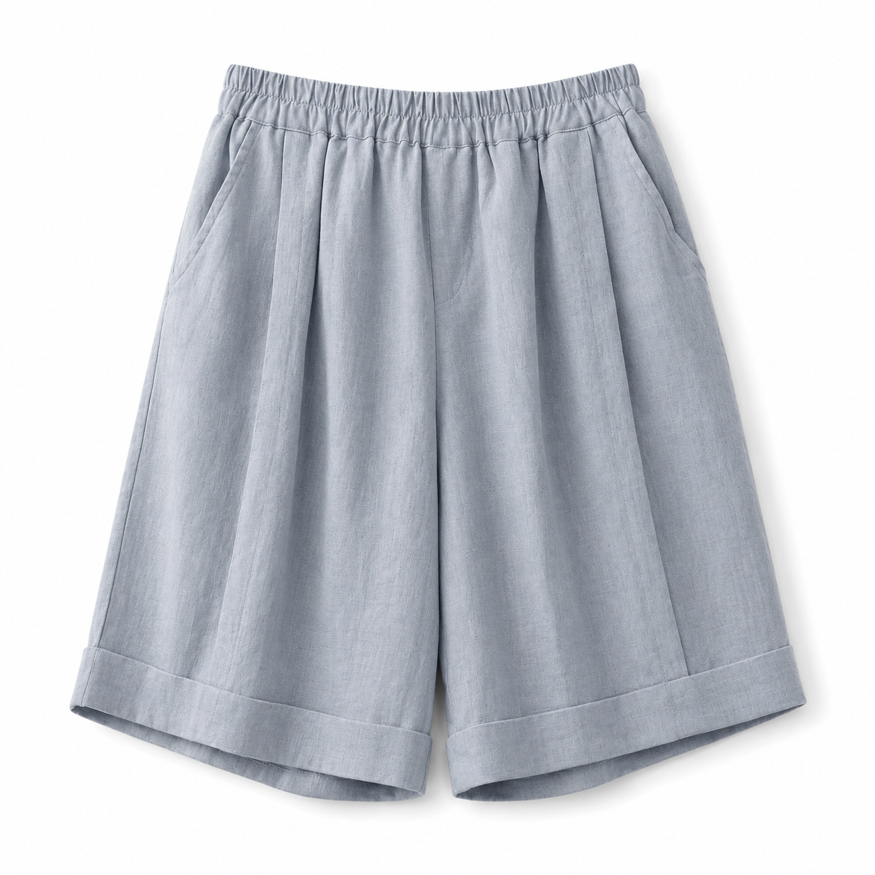 Damskie szorty z elastycznym pasem, podwiniętym dołem i kieszeniami bocznymi-Shorts for women-Olave