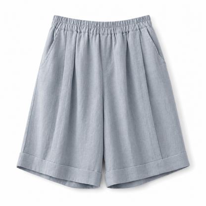 Damskie szorty z elastycznym pasem, podwiniętym dołem i kieszeniami bocznymi-Shorts for women-Olave