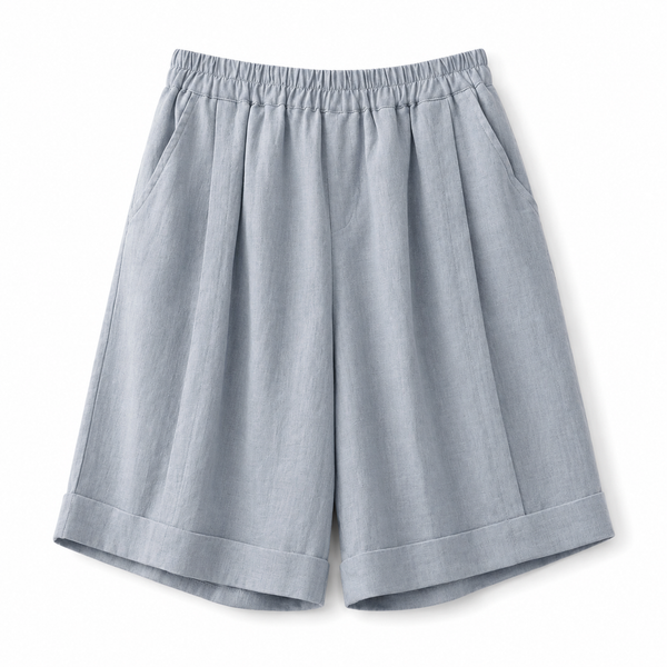 Damskie szorty z elastycznym pasem, podwiniętym dołem i kieszeniami bocznymi-Shorts for women-Olave