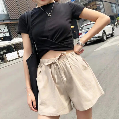 Damskie szorty z wysokim stanem i sznurkiem do ściągania-Shorts for women-Olave