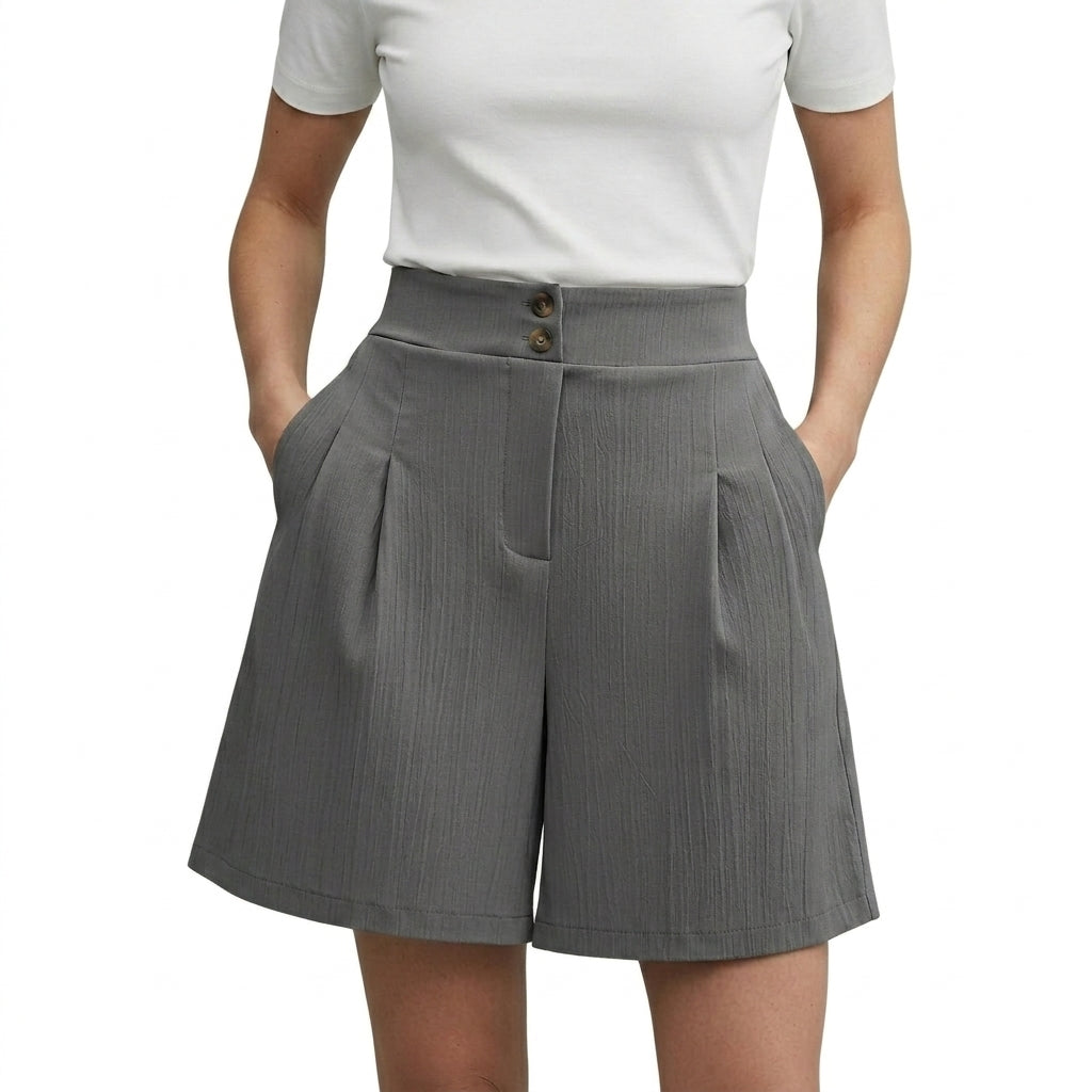 Damskie szorty z wysokim stanem szerokimi nogawkami plisami oraz dwoma guzikami-Shorts for women-Olave