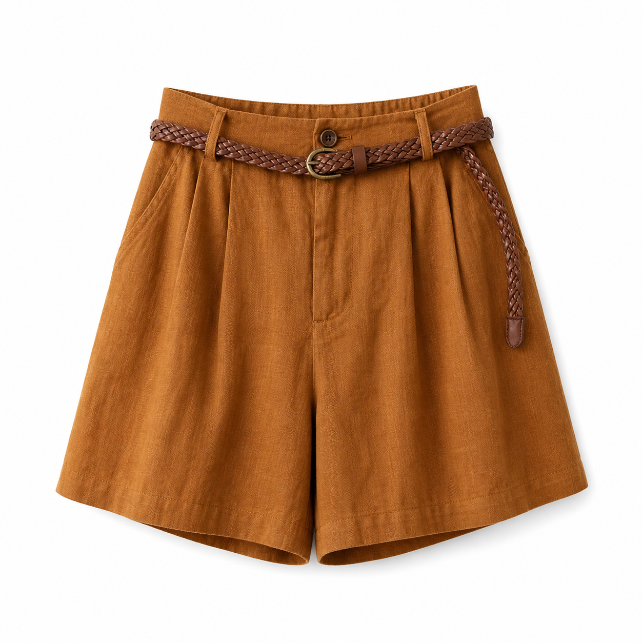 Damskie szorty z wysokim stanem, zakładkami, szlufkami i kieszeniami bocznymi-Shorts for women-Olave