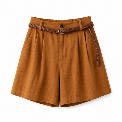Damskie szorty z wysokim stanem, zakładkami, szlufkami i kieszeniami bocznymi-Shorts for women-Olave
