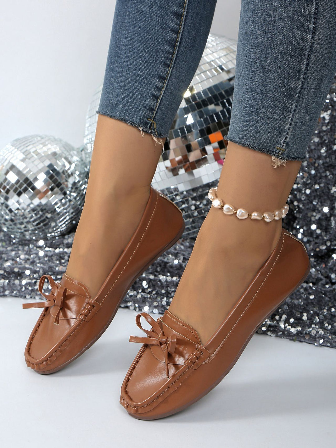 Damskie Wsuwane Mokasyny z Kokardą i Przeszyciami-Footwear for women-Olave