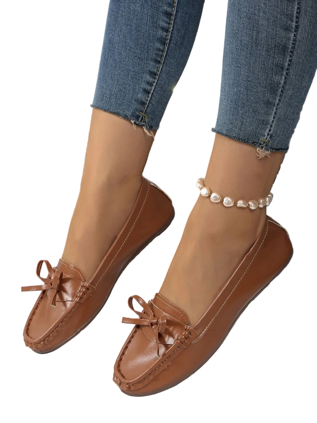 Damskie Wsuwane Mokasyny z Kokardą i Przeszyciami-Footwear for women-Olave