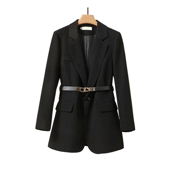 Długa marynarka damska z paskiem i kołnierzem z klapami-Blazers for Women-Olave
