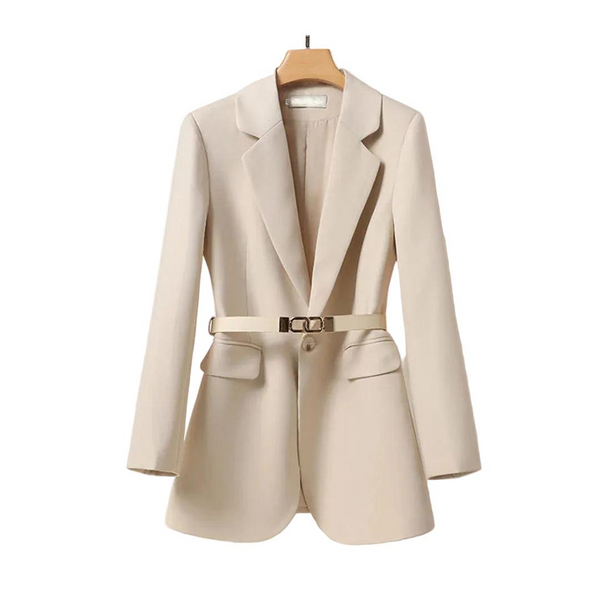 Długa marynarka damska z paskiem i kołnierzem z klapami-Blazers for Women-Olave