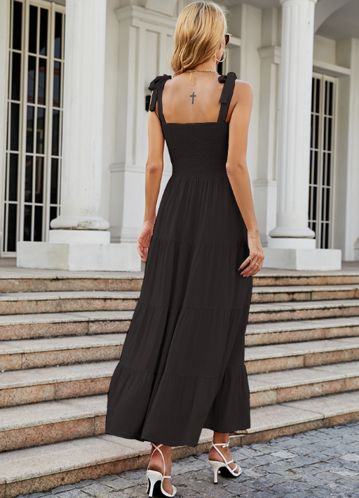 Długa sukienka damska bez rękawów z marszczonym gorsetem i warstwową spódnicą-Maxi Dress-Olave