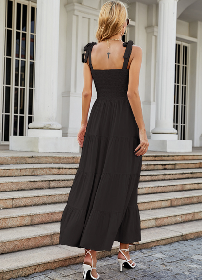 Długa sukienka damska bez rękawów z marszczonym gorsetem i warstwową spódnicą-Maxi Dress-Olave