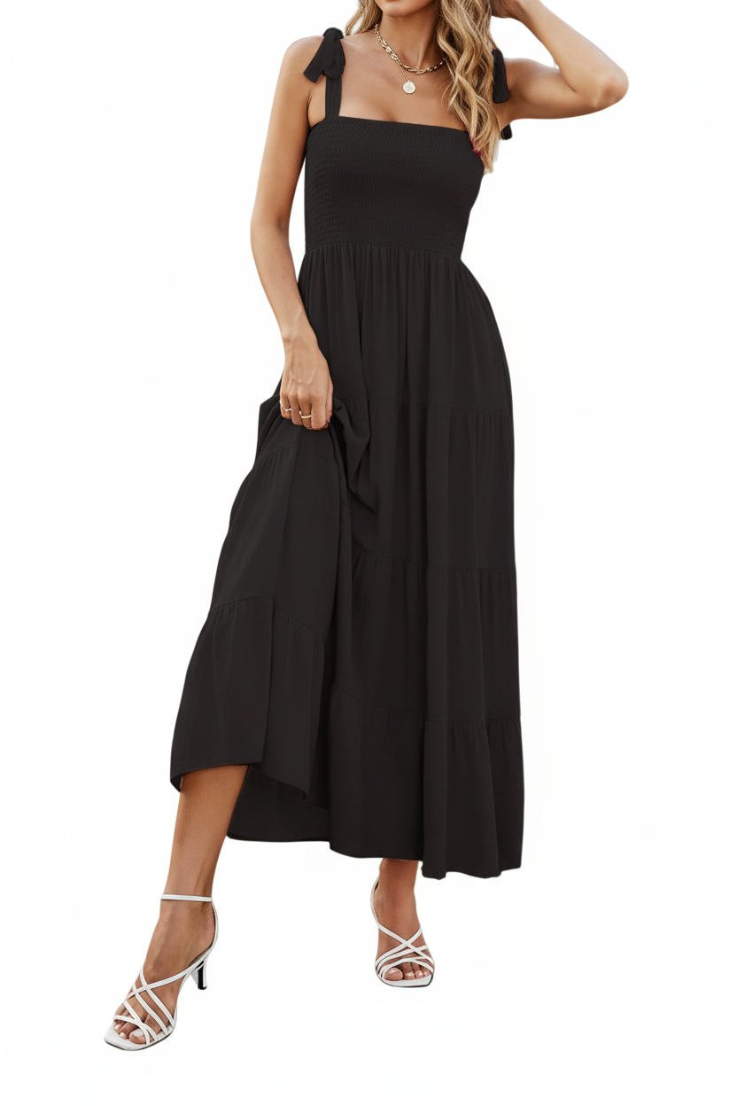 Długa sukienka damska bez rękawów z marszczonym gorsetem i warstwową spódnicą-Maxi Dress-Olave
