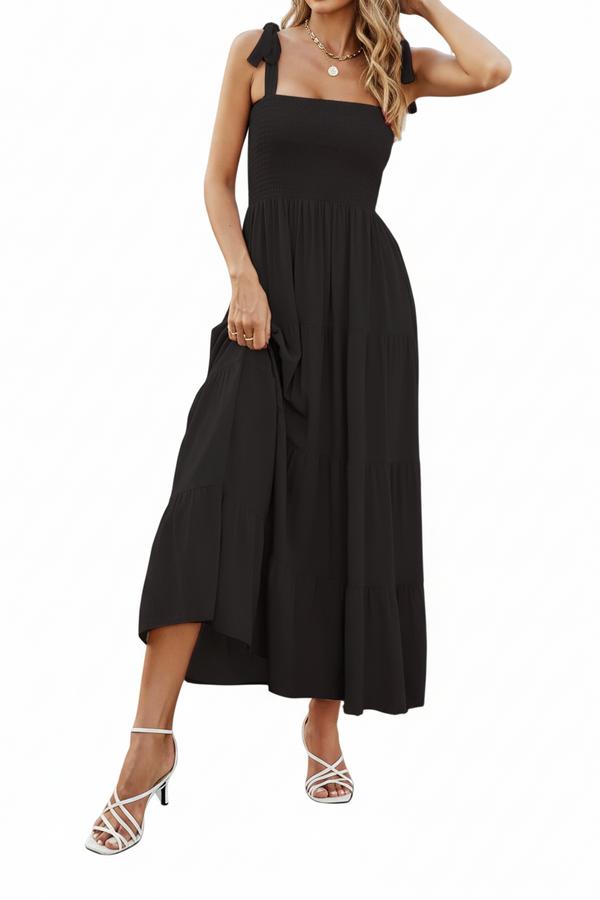 Długa sukienka damska bez rękawów z marszczonym gorsetem i warstwową spódnicą-Maxi Dress-Olave