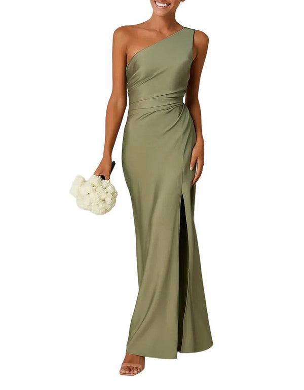 Długa sukienka damska na jedno ramię z marszczeniem w talii-Maxi Dress-Olave