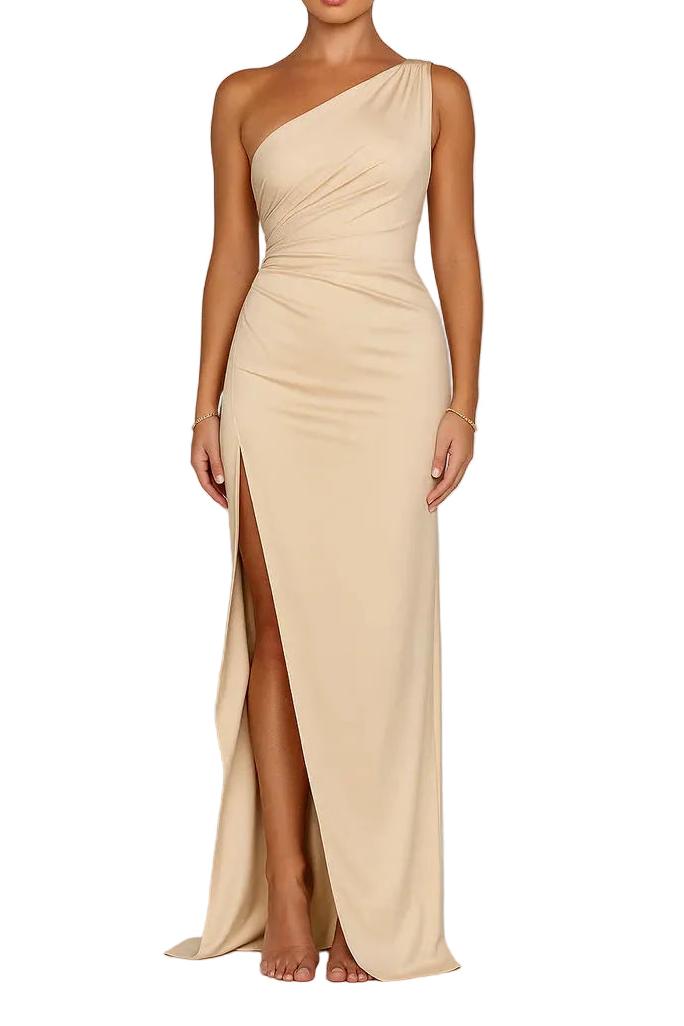 Długa sukienka damska na jedno ramię z wysokim rozcięciem-Maxi Dress-Olave