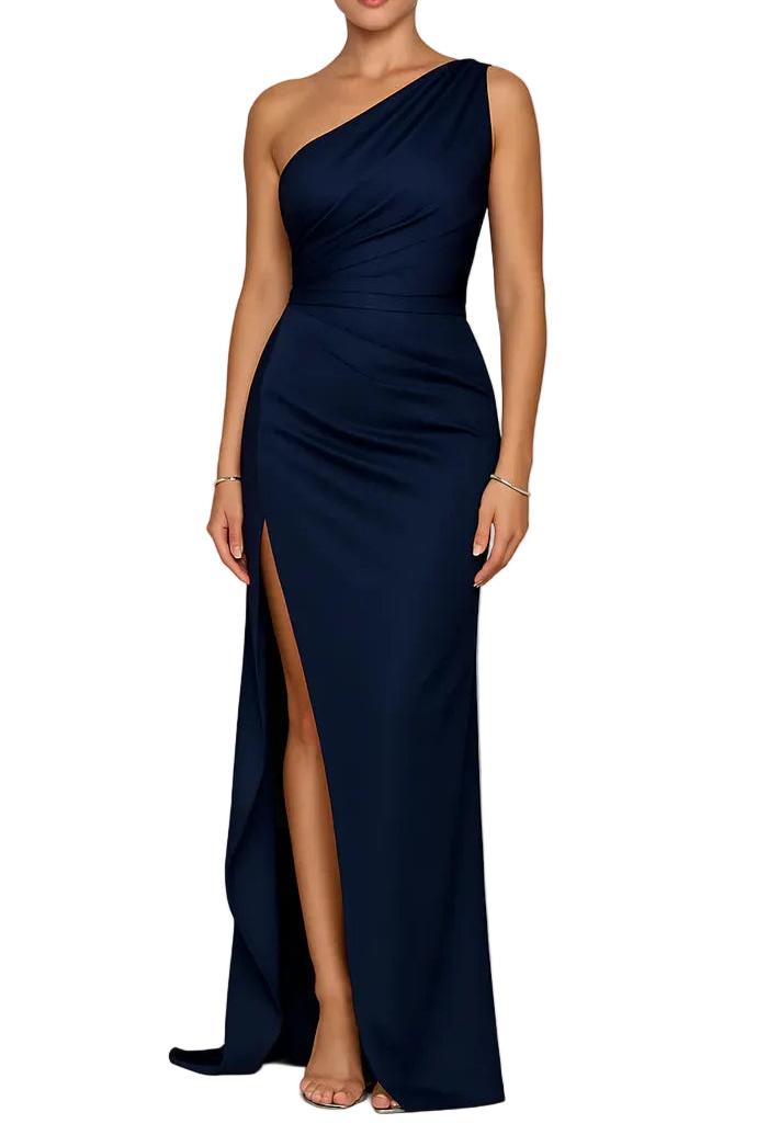 Długa sukienka damska na jedno ramię z wysokim rozcięciem-Maxi Dress-Olave