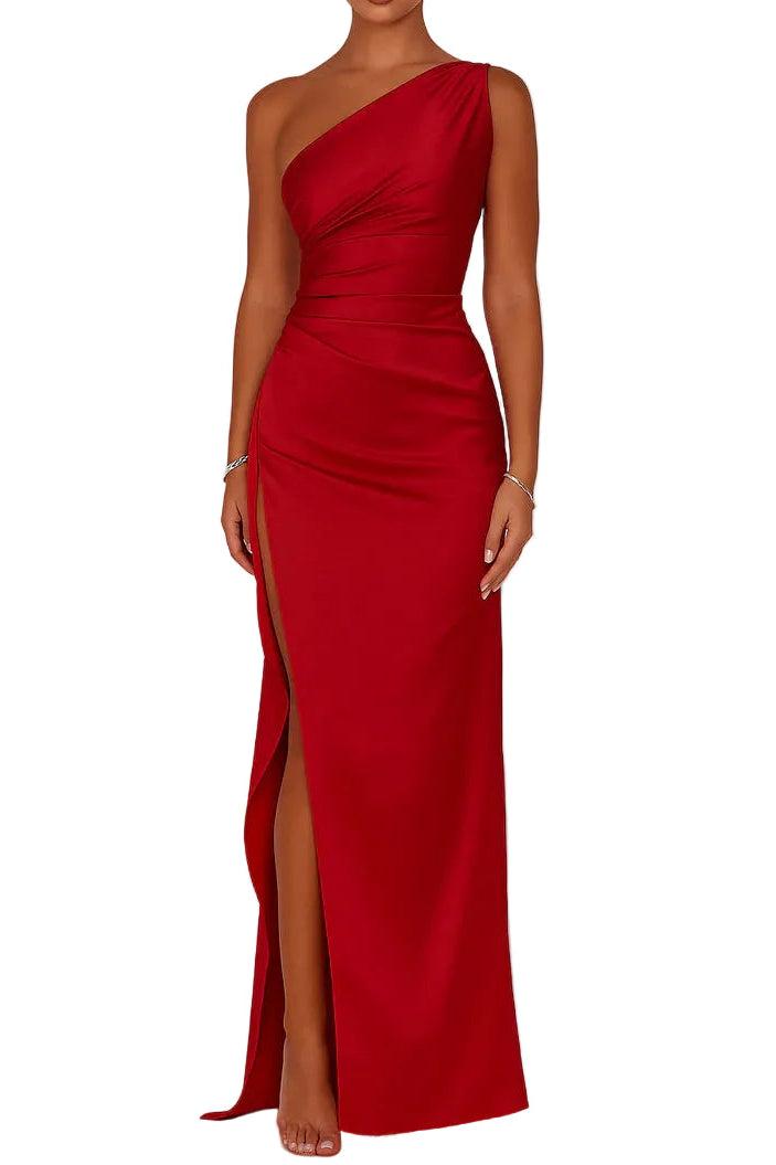 Długa sukienka damska na jedno ramię z wysokim rozcięciem-Maxi Dress-Olave