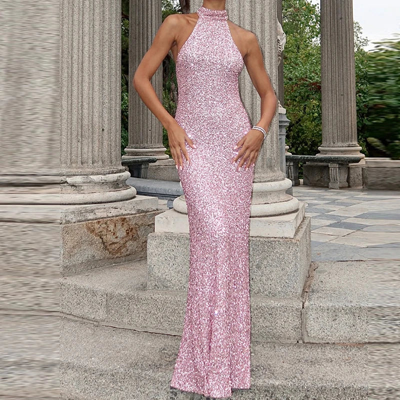 Długa sukienka damska z dekoltem halter i powierzchnią z cekinów-Maxi Dress-Olave
