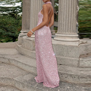 Długa sukienka damska z dekoltem halter i powierzchnią z cekinów-Maxi Dress-Olave