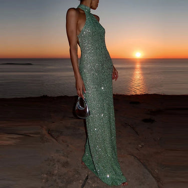 Długa sukienka damska z dekoltem halter i powierzchnią z cekinów-Maxi Dress-Olave