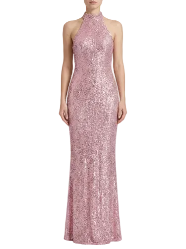 Długa sukienka damska z dekoltem halter i powierzchnią z cekinów-Maxi Dress-Olave