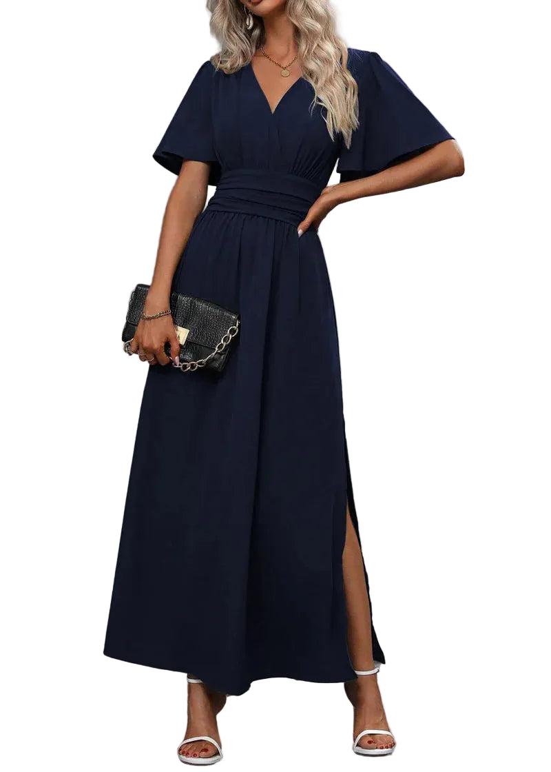 Długa sukienka damska z dekoltem w kształcie V i rękawami motylkowymi-Maxi Dress-Olave