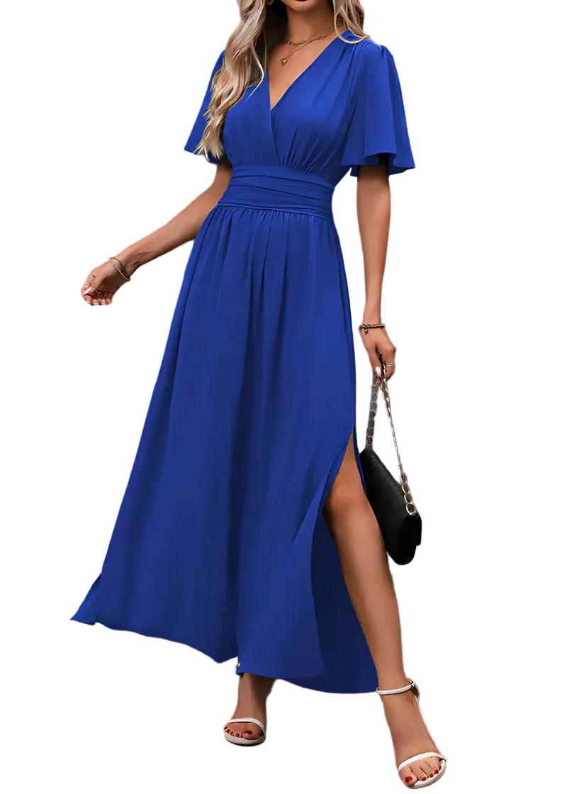 Długa sukienka damska z dekoltem w kształcie V i rękawami motylkowymi-Maxi Dress-Olave